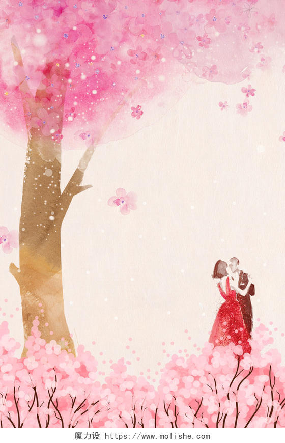 樱花树下情侣樱花节宣传粉色海报背景